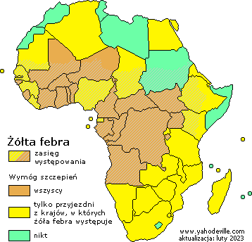 Mapa wymagań szczepień żółtej febry w Afryce